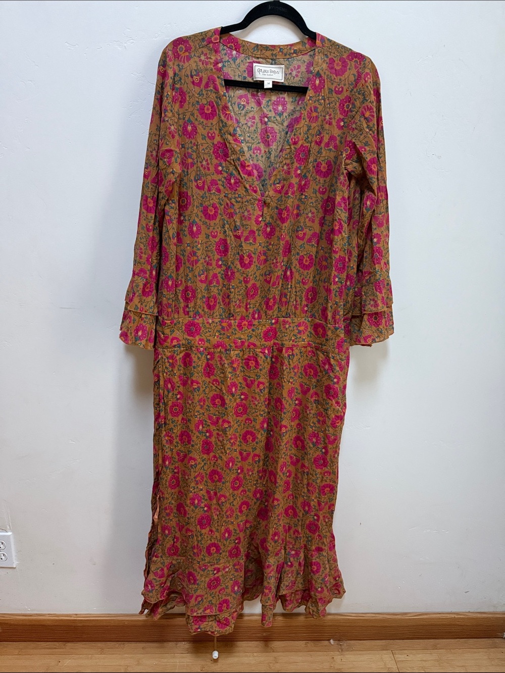 Boho Floral Maxi Dress in Pink and Tan by Golden Brown The Label
